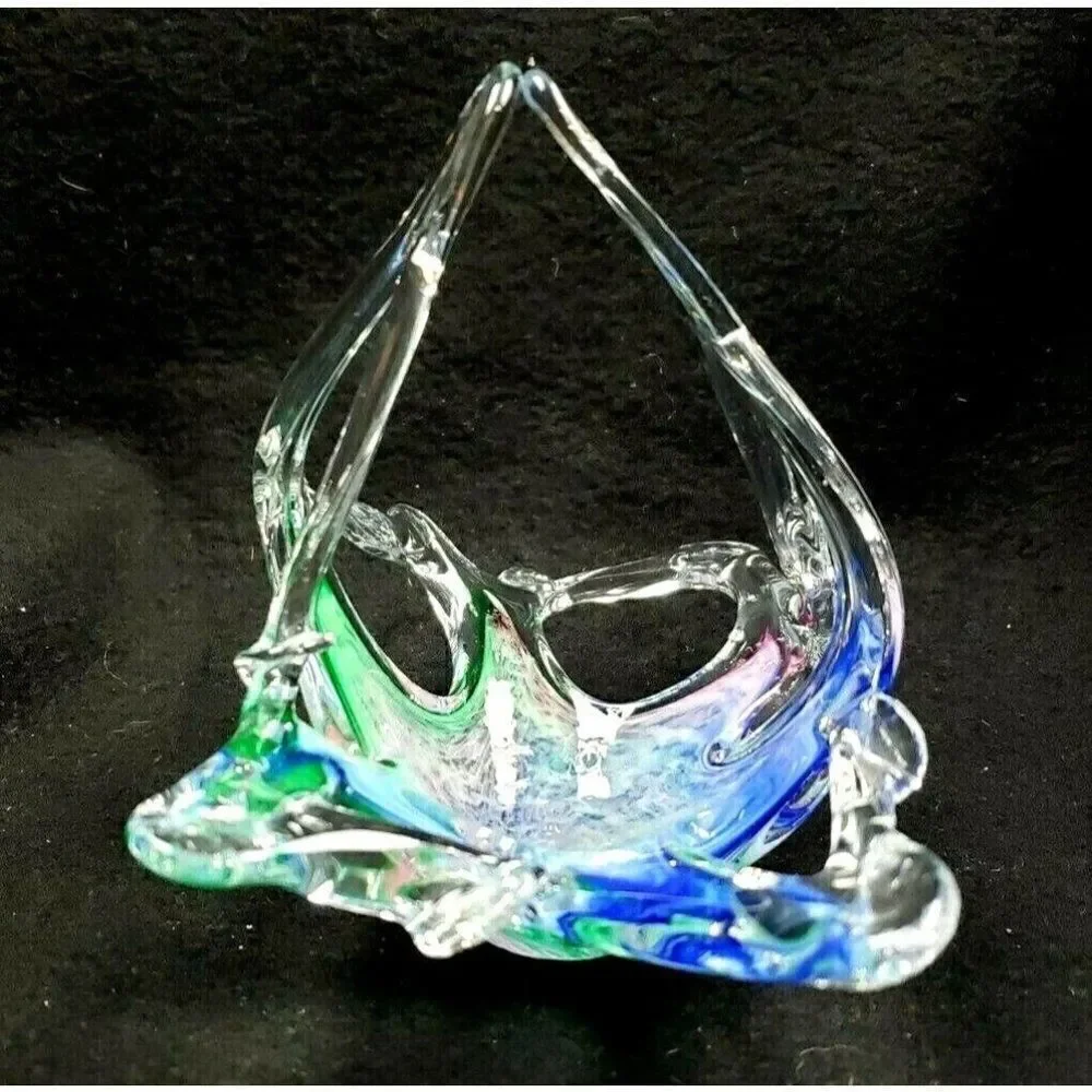 STUNNING! Vintage Art Glass Basket Candy Dish Blue Pink Green Swirl Colorful